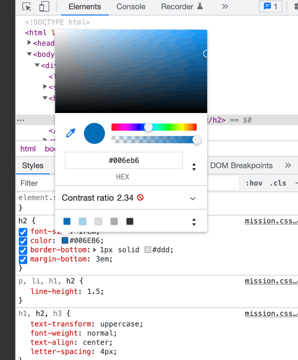 checking color contrast in Chrome developer tools.